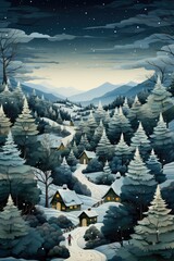 Winter landscape with a snow-covered cozy village with Christmas trees in watercolor technique. AI