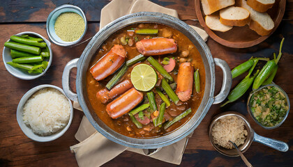 A top-down shot of a Louisiana gumbo captures the rich and hearty combination of andouille sausage, chicken, okra, and a flavorful roux, embodying the essence of Creole cuisine.