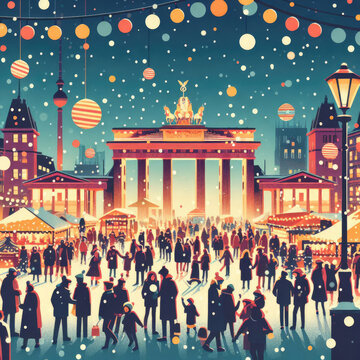 illustration of the joy and celebration of Christmas around the world, digital art with colorful dot pattern