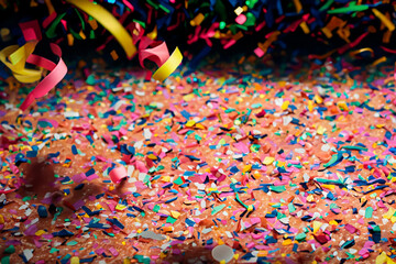 Fototapeta na wymiar Confetti and streamers scattered on the floor after a party.