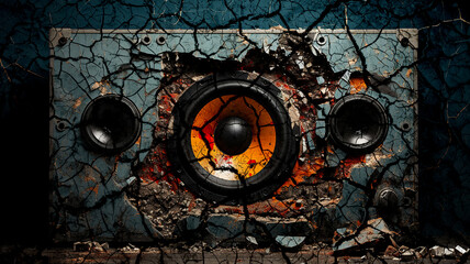 Obraz na płótnie Canvas loud background music, cracks on the destroyed speaker from the powerful loud sound of music, abstract fictional background computer graphics