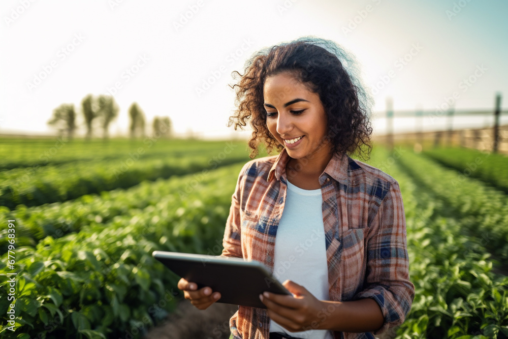 Wall mural an agricultural woman smiles while working in a field with a tablet bokeh style background