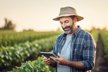 Naklejka na ściany i meble an agricultural man smiles while working in a field with a tablet bokeh style background