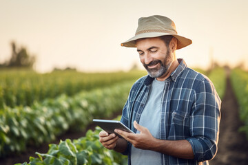 an agricultural man smiles while working in a field with a tablet bokeh style background