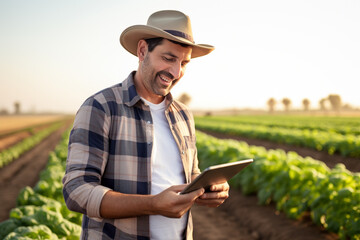 Naklejka na ściany i meble an agricultural man smiles while working in a field with a tablet bokeh style background