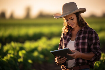 an agricultural woman smiles while working in a field with a tablet bokeh style background