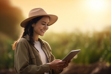 an agricultural woman smiles while working in a field with a tablet bokeh style background