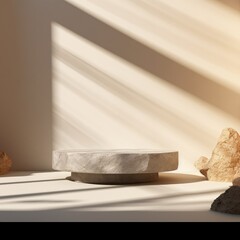 Empty stone podium for product display on wall background with sun shadow
