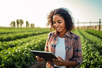 an agricultural woman smiles while working in a field with a tablet bokeh style background - obrazy, fototapety, plakaty