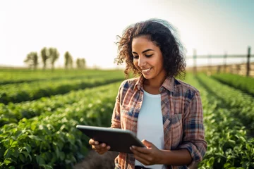 Foto op Canvas an agricultural woman smiles while working in a field with a tablet bokeh style background © toonsteb