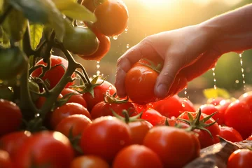 Fotobehang farmer hands harvesting tomatoes in tomato farm bokeh style background © toonsteb