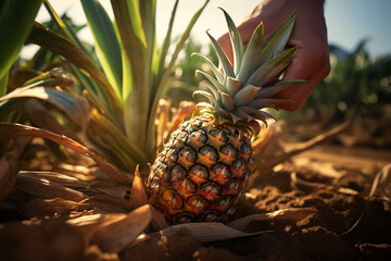 Obraz premium farmer hand harvesting pineapple in pineapple farm bokeh style background