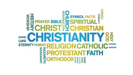 Christianity animated tag word cloud;text design animation kinetic typography seamless loop.