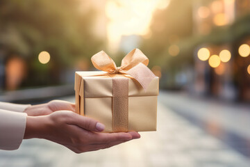hand holding gold gift box in front of the building background bokeh style background