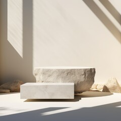Empty stone podium for product display on wall background with sun shadow