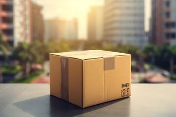 parcel post put on the street in front of the building background bokeh style background - obrazy, fototapety, plakaty