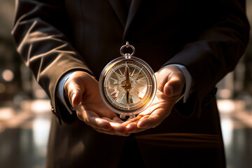 close up of businessman holding a clock time management concept bokeh style background - obrazy, fototapety, plakaty