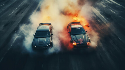 Aerial top view two car drift battle on asphalt race track, Automobile and automotive car view from...