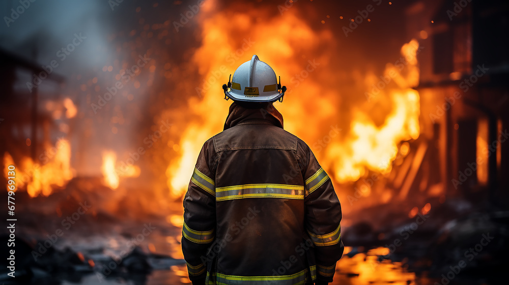 Wall mural one firefighter, a man on fire, a view from the back, against the background of a burning fire in a fire, fiction, computer graphics