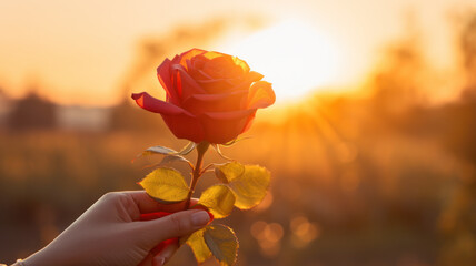 woman hold red rose on nature background