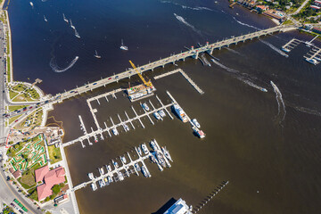 Beautiful aerial view of the St Augustine, the oldest town in USA. the castle of San Marcos National Monument, Flagler College and the Matanzas Bay