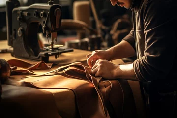 Deurstickers leather worker man doing leather bag on wood table bokeh style background © toonsteb