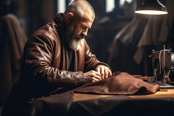 leather worker man doing leather bag on wood table bokeh style background