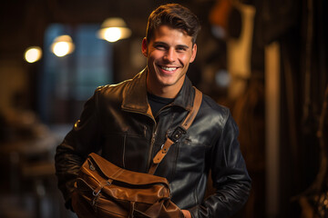 leather worker man smiling with his leather bag in his studio bokeh style background