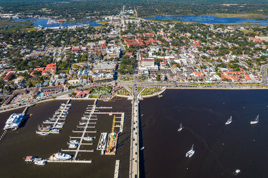 Beautiful Aerial View Of The St Augustine, The Oldest Town In USA. The Castle Of San Marcos National Monument, Flagler College And The Matanzas Bay