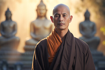 buddhist monk standing in front of the buddha statue bokeh style background