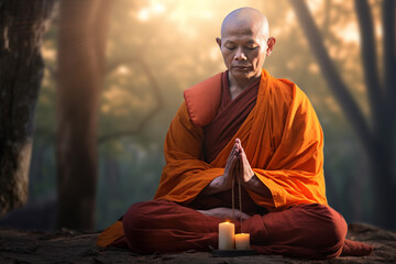 buddhist monk mindful meditation in front of natural background bokeh style background