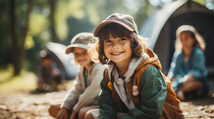 Summer camps, scout children camping - obrazy, fototapety, plakaty