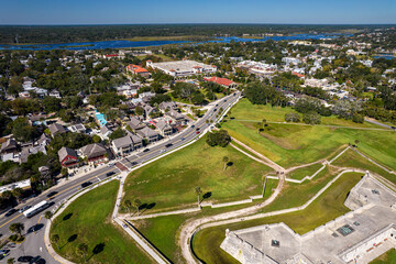 Beautiful aerial view of the St Augustine, the oldest town in USA. the castle of San Marcos National Monument, Flagler College and the Matanzas Bay