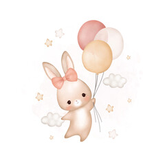 Watercolor Illustration Baby Rabbit flying with balloons, stars and butterflies