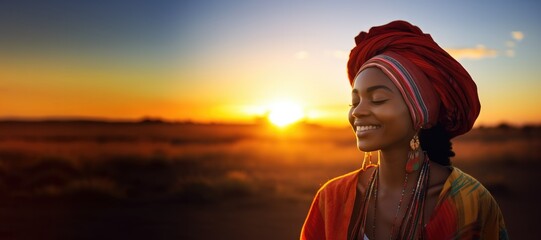 Backlit Portrait of calm happy smiling free black African woman with closed eyes enjoys a beautiful moment life on the African fields at sunset - obrazy, fototapety, plakaty