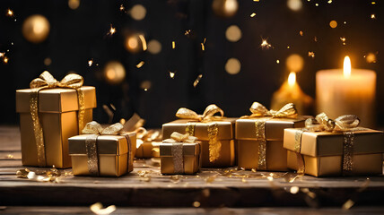 Christmas Gift Boxes on the Wooden Table and the Table Glossy with Light Reflections Sparkle - Generated by AI.