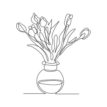 recommend clip art: Continuous single line of beautiful romantic aesthetic flower in vase glass jar. One line art of romantic flower bouquet decoration vector illustration