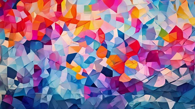 An endless sea of fragmented geometric shapes, each one a different color, moves and shifts in a neverending cycle. Small triangles and squares jostle for space alongside larger ovals and