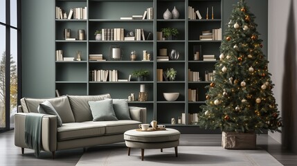 A green Christmas tree with gifts stands in the middle of the room in a modern white minimalist stylish living room. Christmas interior