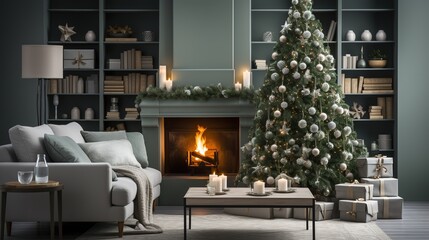 A green Christmas tree with gifts stands in the middle of the room in a modern white minimalist stylish living room. Christmas interior with fireplace