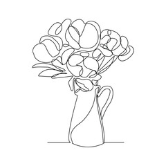 Continuous single line of beautiful romantic aesthetic flower in vase glass jar. One line art of romantic flower bouquet decoration vector illustration