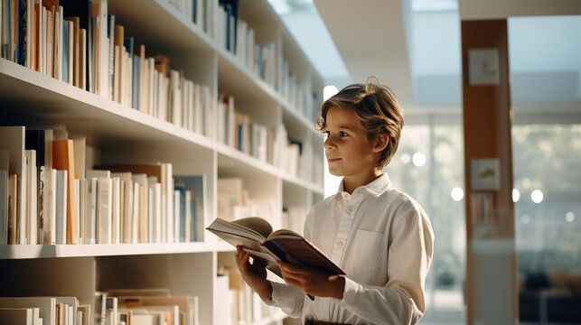 A young teenager studies literature, books in a library. A thirst for knowledge, the world of science and new discoveries for a new generation. Book instead of smartphone
