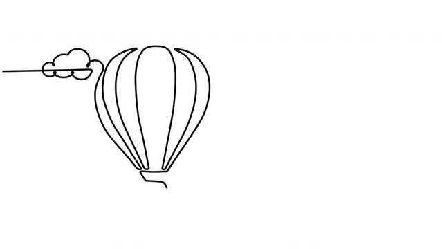 Animation video of hot air balloon in the sky with clouds in continuous line style. Hot air balloon in the sky with clouds in one line style continuous running video. 4k videos
