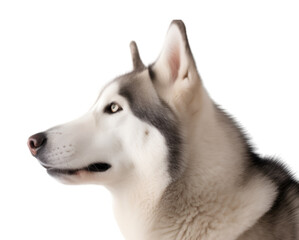Side view, Portrait, close up of a husky dog looking forward, isolated on transparent background. 