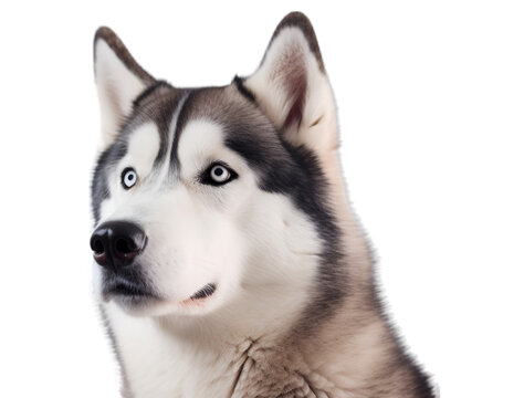 Front view, close up of adorable husky dog's face, looking forward, transparent background. 