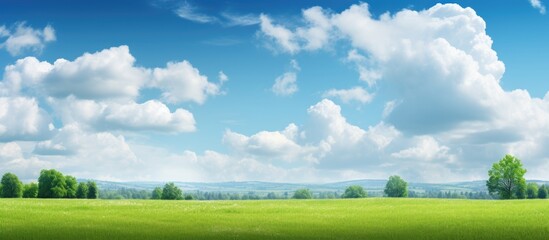 On a beautiful summer day the sky was filled with white clouds creating a stunning backdrop for the lush landscape of trees and nature The sunlight highlighting the natural beauty of the spr