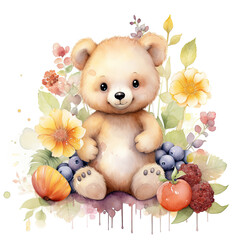 Bear flower and fruits Illustration, Generative Ai