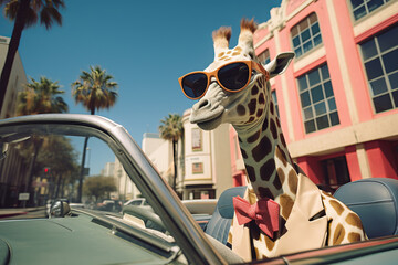 Picture this a fashion-forward giraffe taking the wheel on a sunny day. A surreal and playful image that sparks creativity and imagination is AI Generative. - obrazy, fototapety, plakaty