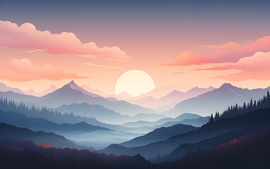 Fototapeta premium Mountain peak landscape, minimal flat illustration, pastel colors