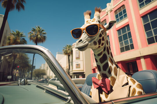 Picture this a fashion-forward giraffe taking the wheel on a sunny day. A surreal and playful image that sparks creativity and imagination is AI Generative.